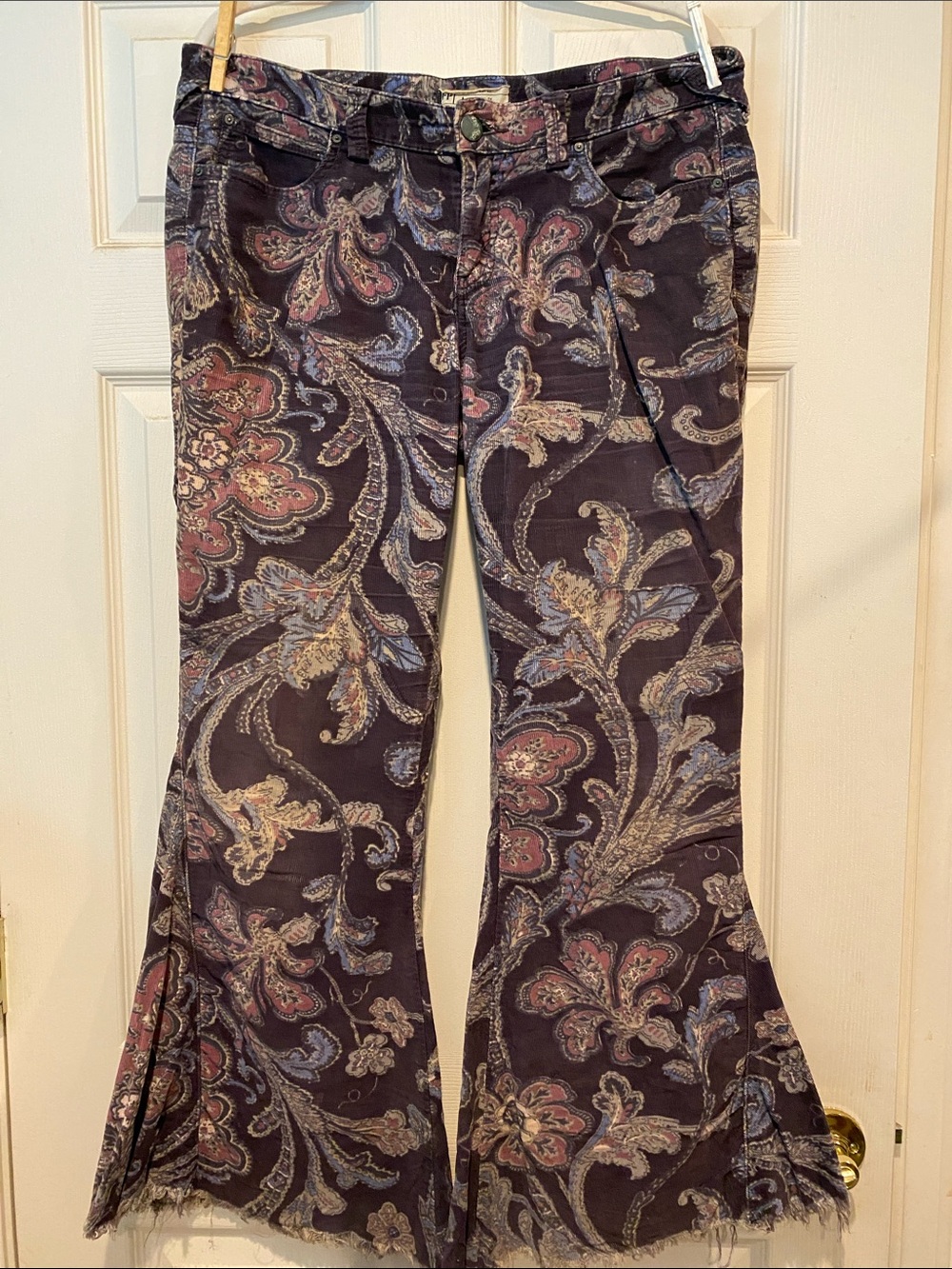 Free People Floral Paisley Boot Cut Flare Corduroy Pants in Black and Purple